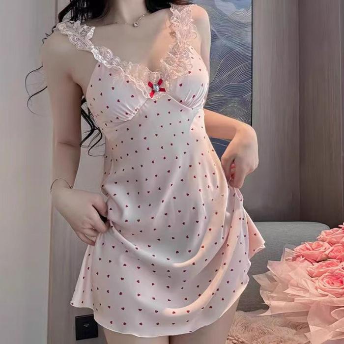 Summer sexy pajamas women's ice silk suspender nightdress lace lace sweet short skirt with chest pad loungewear