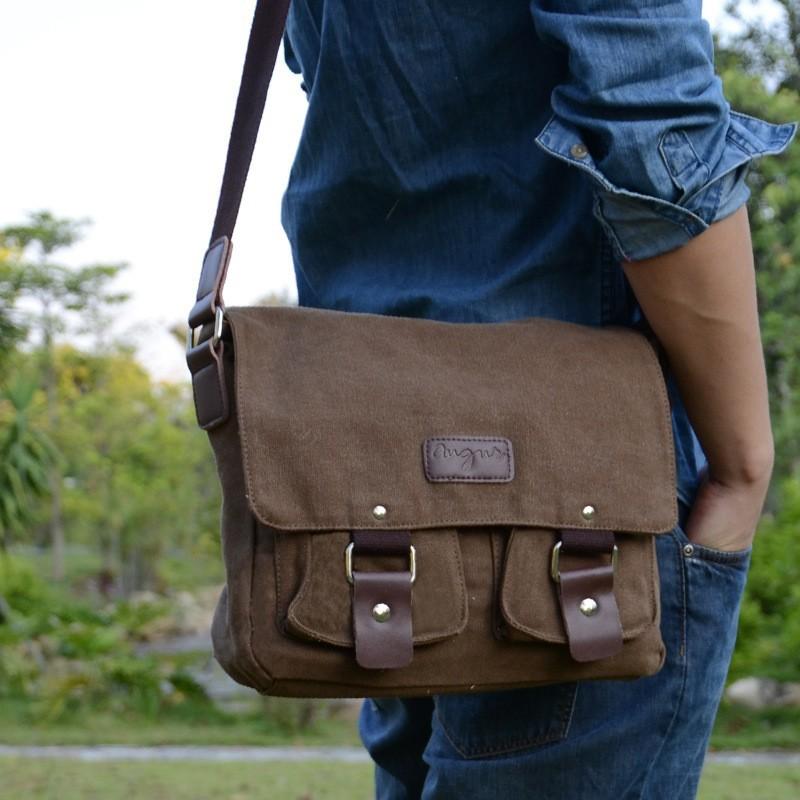 Men's Retro Handbag Canvas Large Capacity Business Computer Bag Crazy Horse Briefcase Shoulder Crossbody Handbag