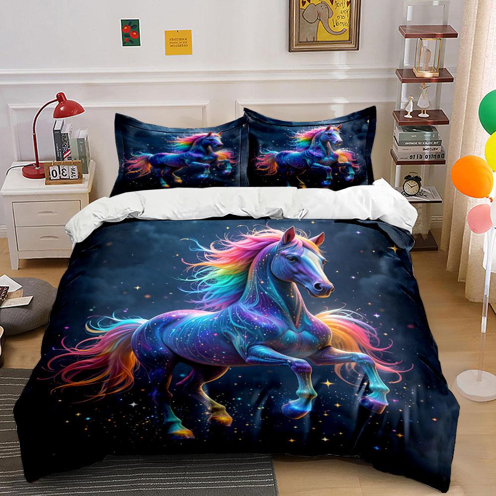 "Rainbow Horse Art Decor Set" Soft Skin-Friendly Bedding Set Includes 1 Duvet Cover And 2 Pillowcase Gift