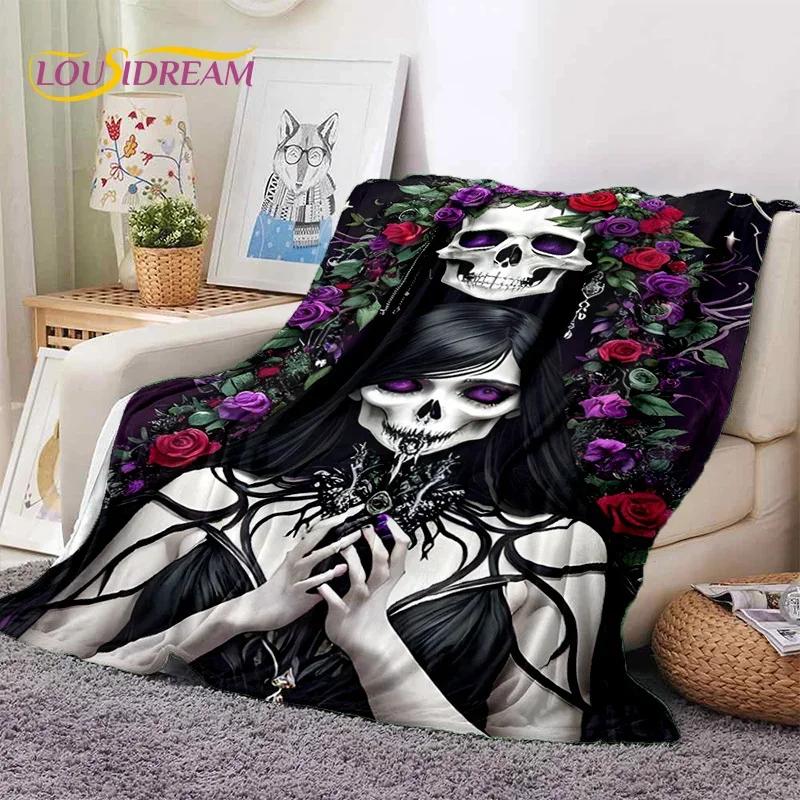 Skull Dead Girl 3D Gothic Horror Female Rose Soft Flannel Blanket for Beds Bedroom Sofa Picnic,Throw Blanket for Cover Leisure