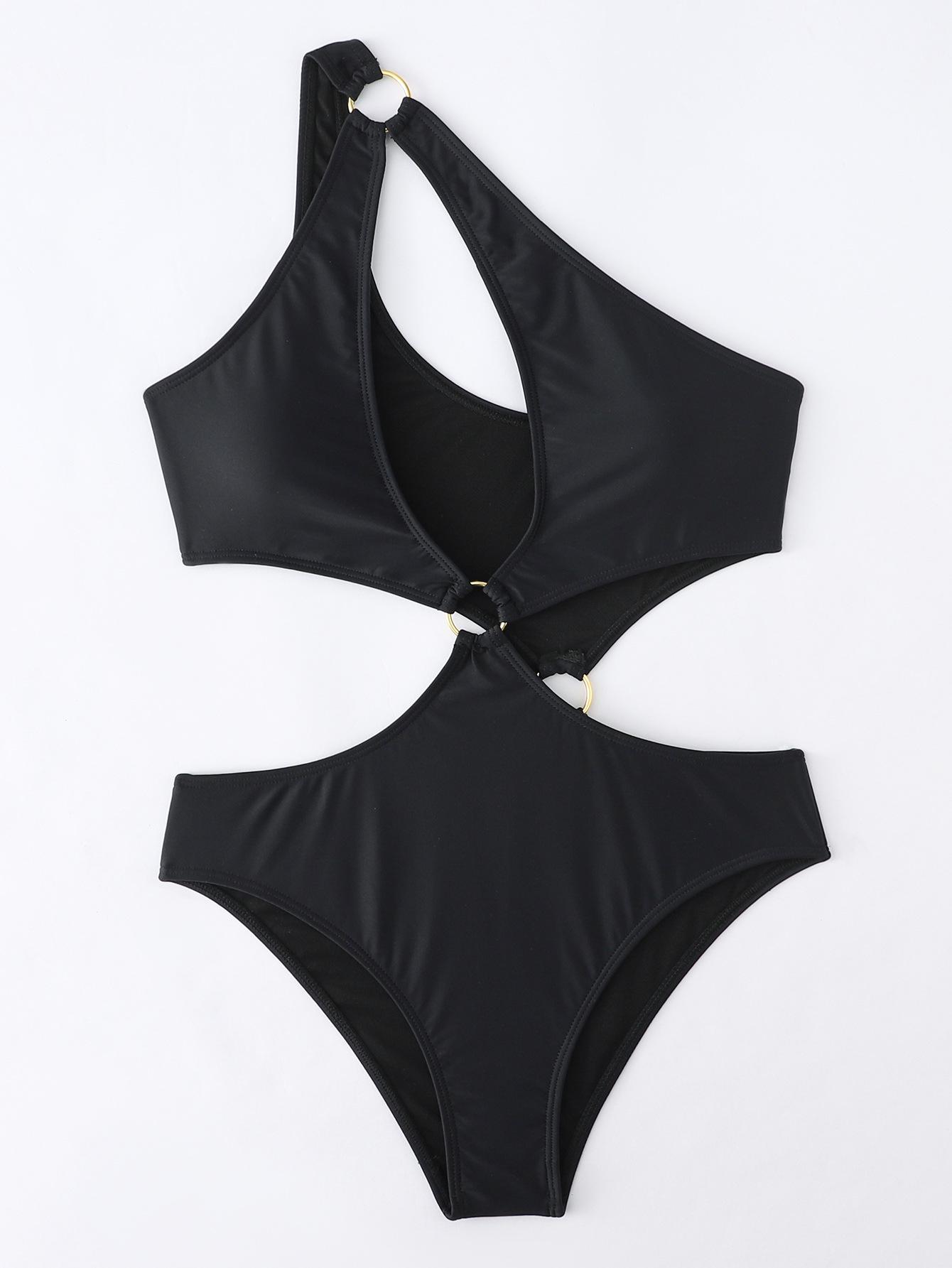 

Fashion Sexy Solid Color One Shoulder Hollow Out Slim Fit Bikini Swimsuit For Beach XL чорний