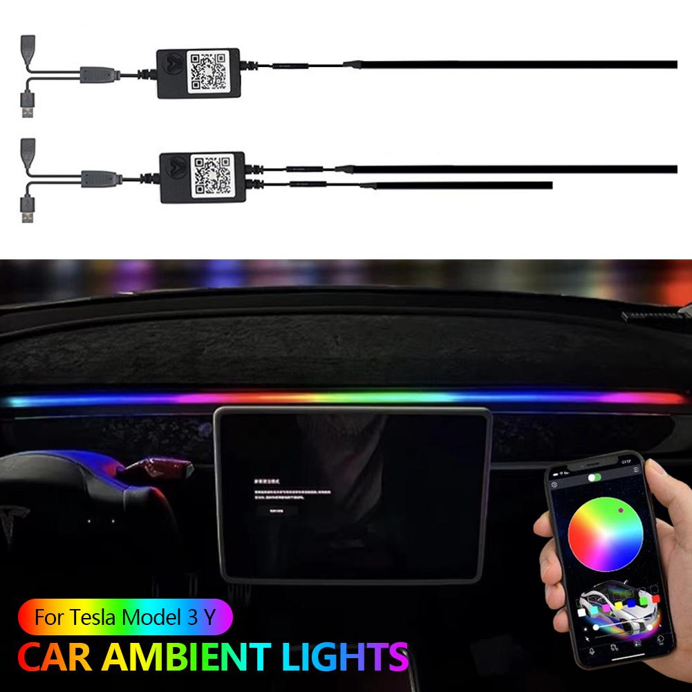 2 in 1 For Tesla Model 3 Y Car Ambient Lights USB APP Control Remote LED Interior Neon RGB Symphony Atmosphere Decorative Lamp