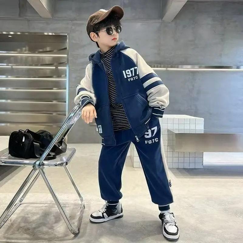 Herbst Winter Plus Samt Dicke Sets Jungen Gefütterter Pullover Hose Anzug Warmes Sportoutfit Kinder Sportkleidung 2St.