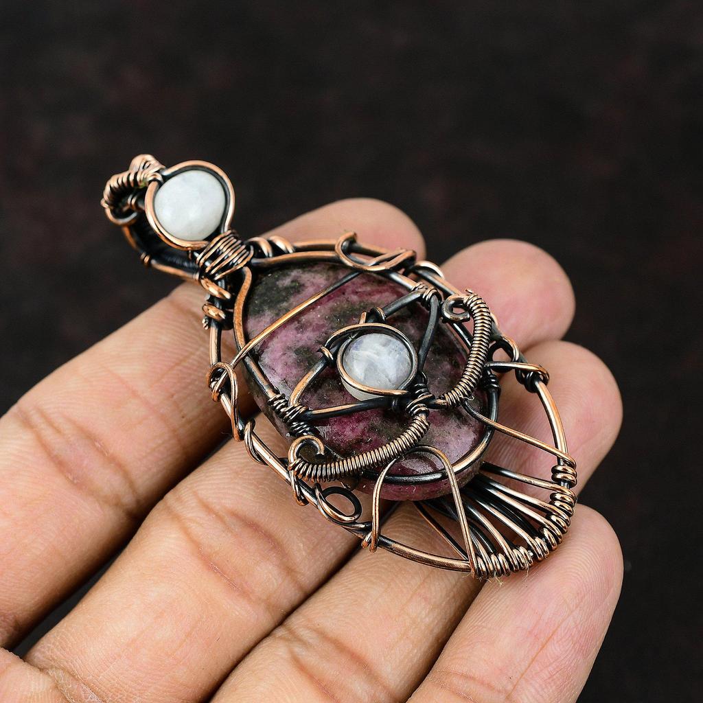 Evil Eye Rhodonite Copper Wire Wrapped Pendant Moonstone Copper Jewelry Handmade Pendant Evil Eye Jewelry Rhodonite Pendant Gift For Friend