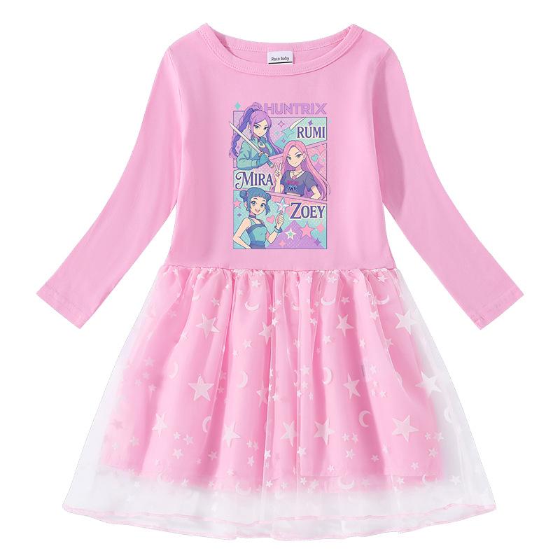 Korean Style Kpop Demon Slayer Mesh Princess Dress for Girls - Short/Long Sleeve Options