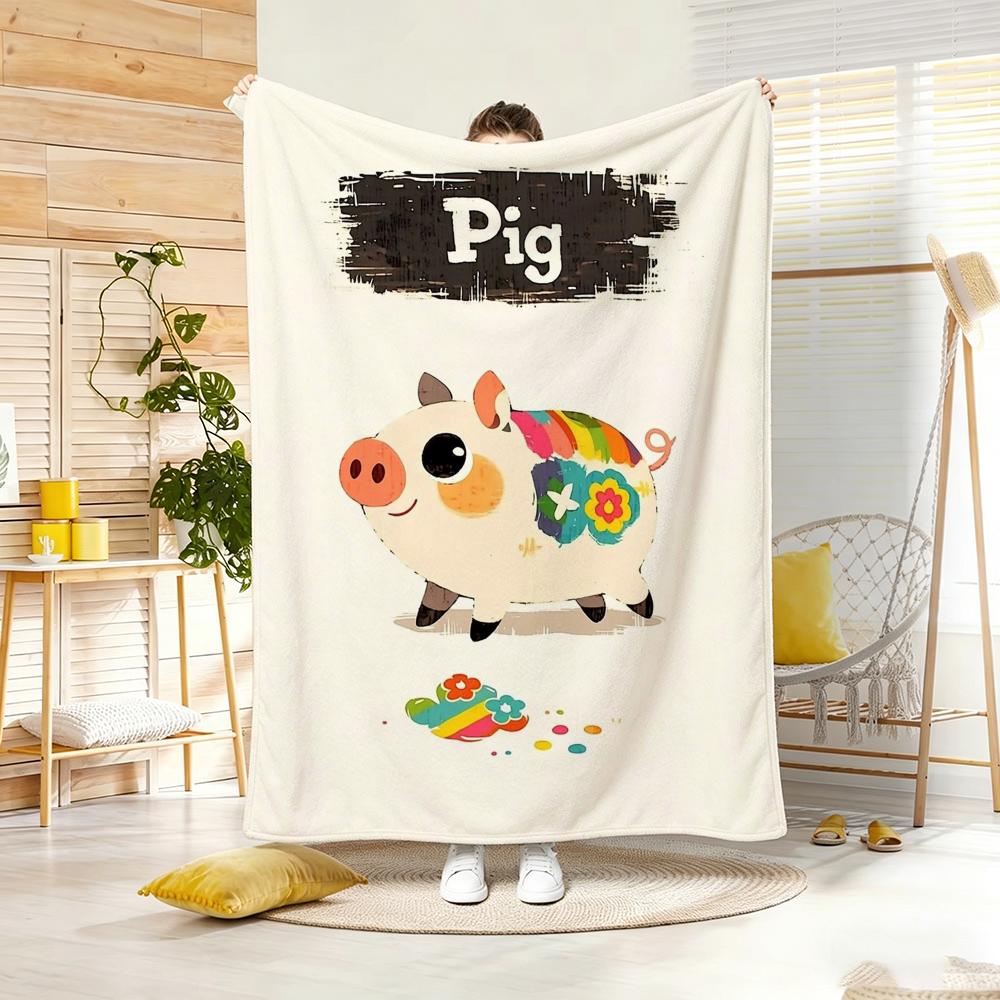Illustration Cartoon Pig Throw Lightweight 240G Flannel Blanket Soft Skin-Friendly For Summer Cooling