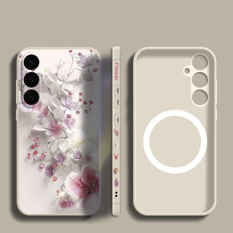 S26 Ultra Case Pink White Flower Pattern Magnetic For Magsafe Soft Silicone Cover For Samsung Galaxy S25 FE S24 Ultra S23 S22 Plus S21