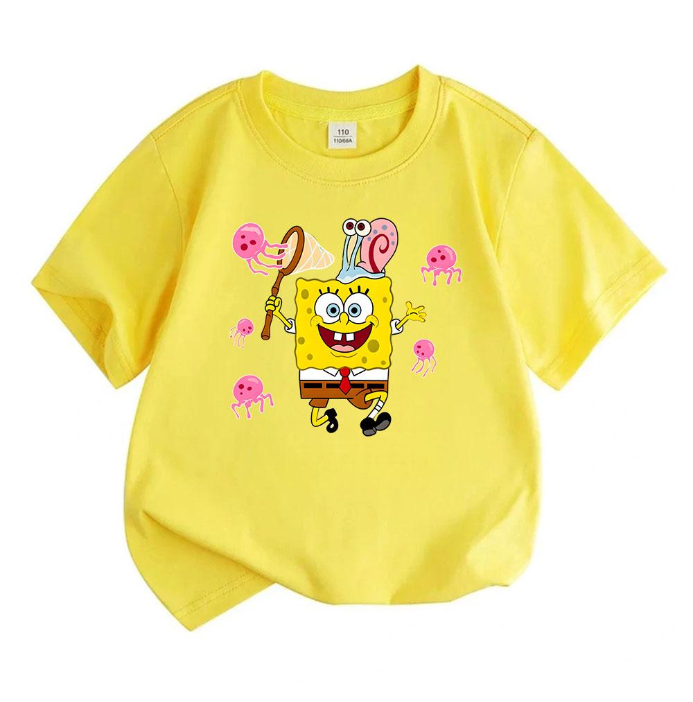 Kids Boys Girls 100% Cotton Crew Neck Short Sleeve T-Shirt, Cute Cartoon Sea Sponge Pet Snail Jellyfish Print Casual Summer Tee Tops for Children