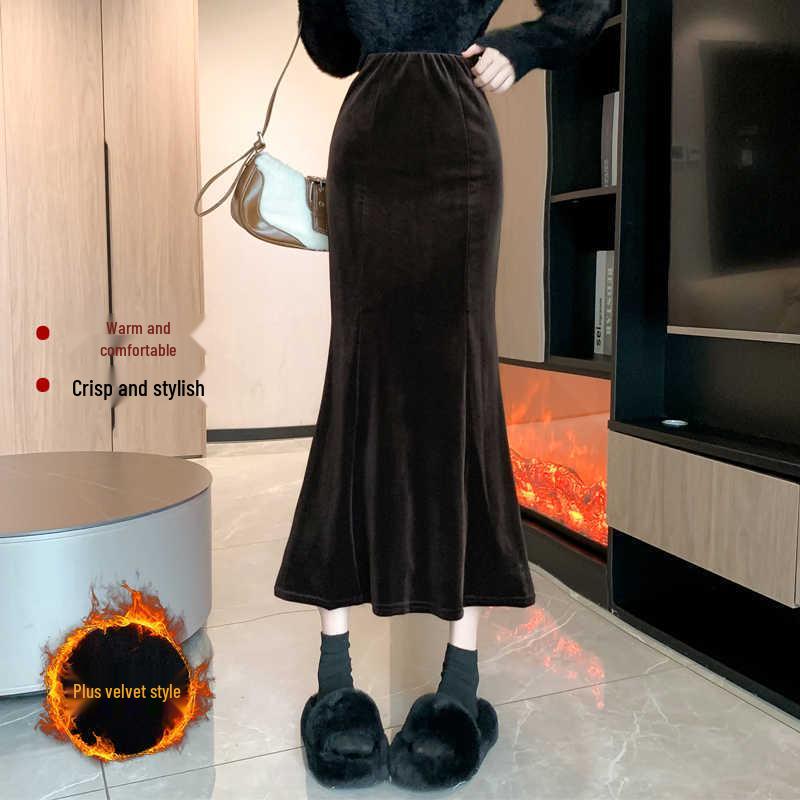 830 Composite Super Soft Black Gold Velvet High-Waist Fishtail Skirt - Women's Retro Slimming Mid-Length Hip-Hugging Skirt