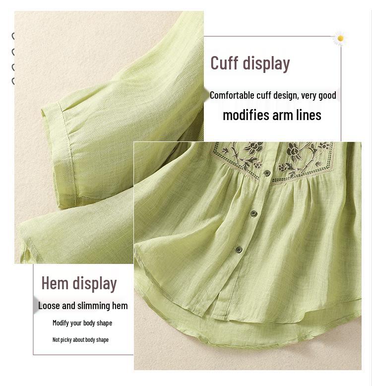 2025 Women's Retro Linen Shirt: Elegant Stand Collar, Single-Breasted, Embroidered Design
