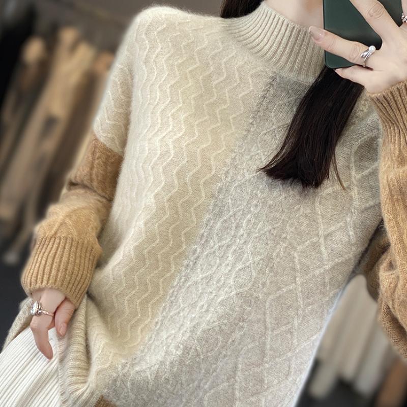 Contrasting Color Half Turtleneck Cardigan for Women In Autumn and Winter New Light Luxury Fashion Knitted Base Shirt Loose Versatile Top