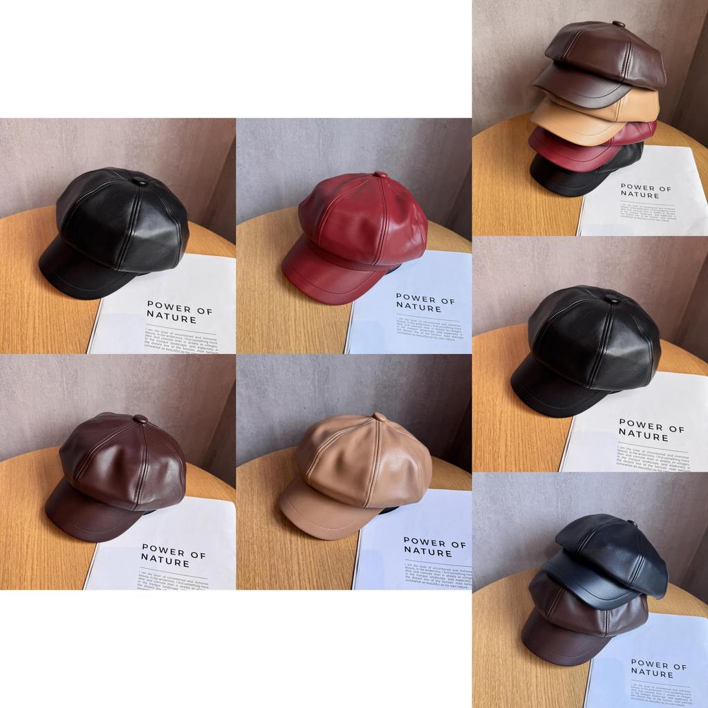 Pu Leather Octagonal Hat For Women With Sun Protection Chic Winter Fashion Accessory