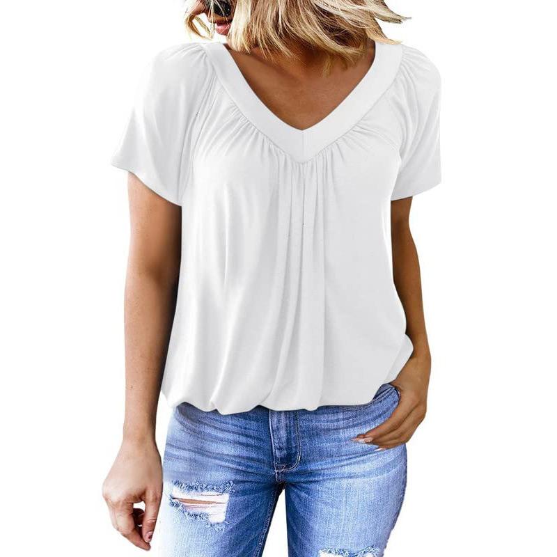 Women S Loose V Neck Short Sleeve Pleated Casual T Shirt S белый