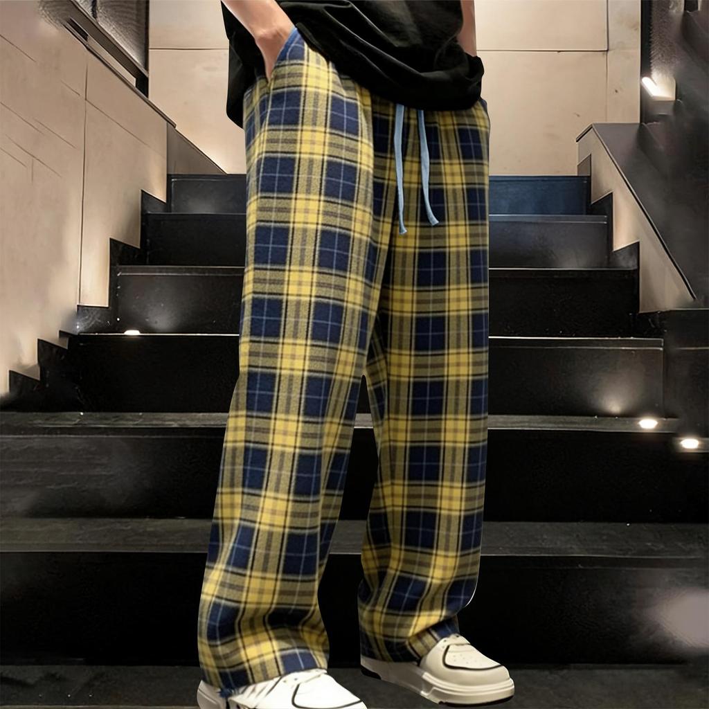 Men's Loose Comfortable Casual Fashion Tartan Print Wide Leg Pants With Drawstring