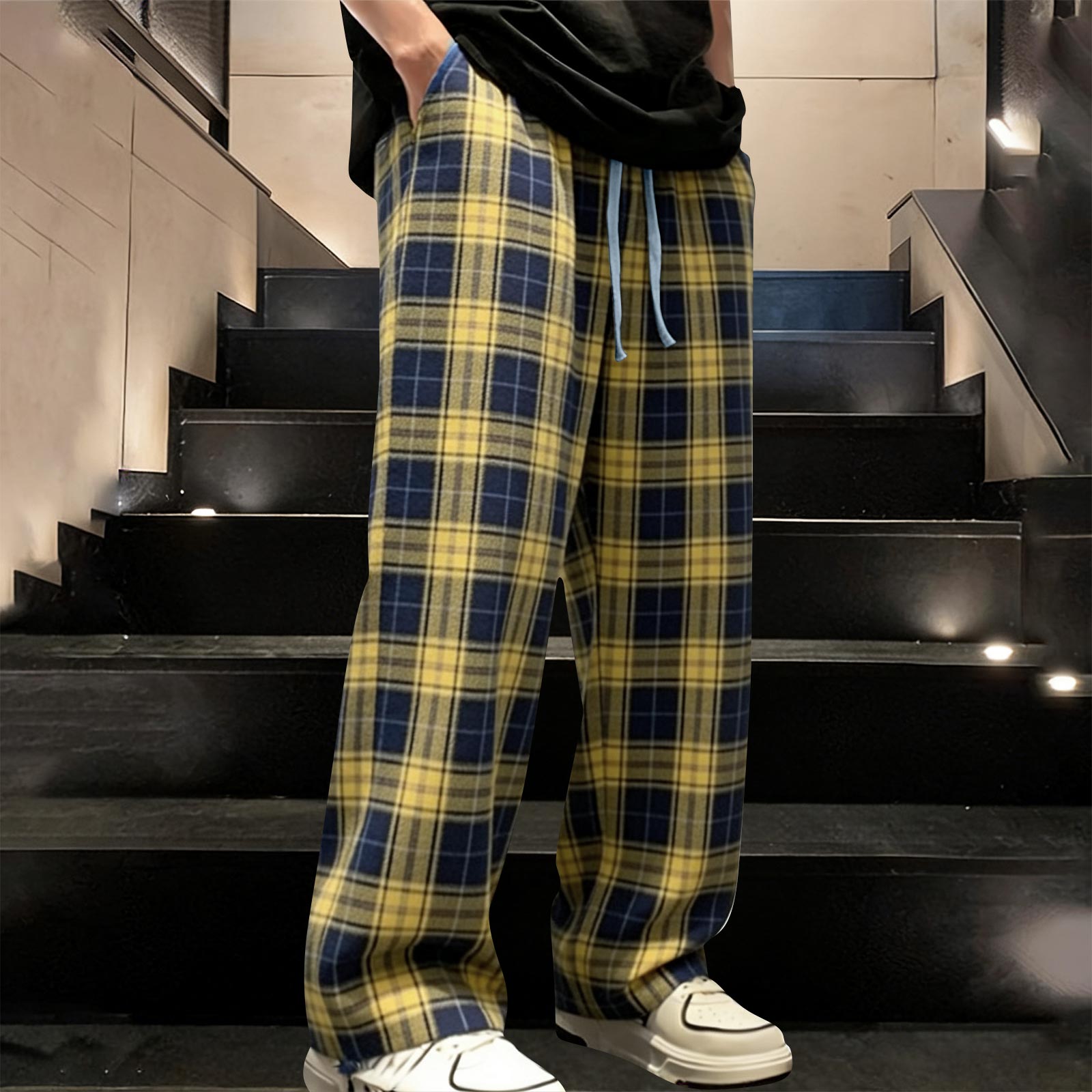 

Men s Loose Comfortable Casual Fashion Tartan Print Wide Leg Pants With Drawstring XL жовтий