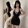 Rhinestone V-neck Spaghetti Strap Elegant Bodycon Dress - Women's Autumn/Winter Sexy Figure-Flattering Halter Neck Skirt