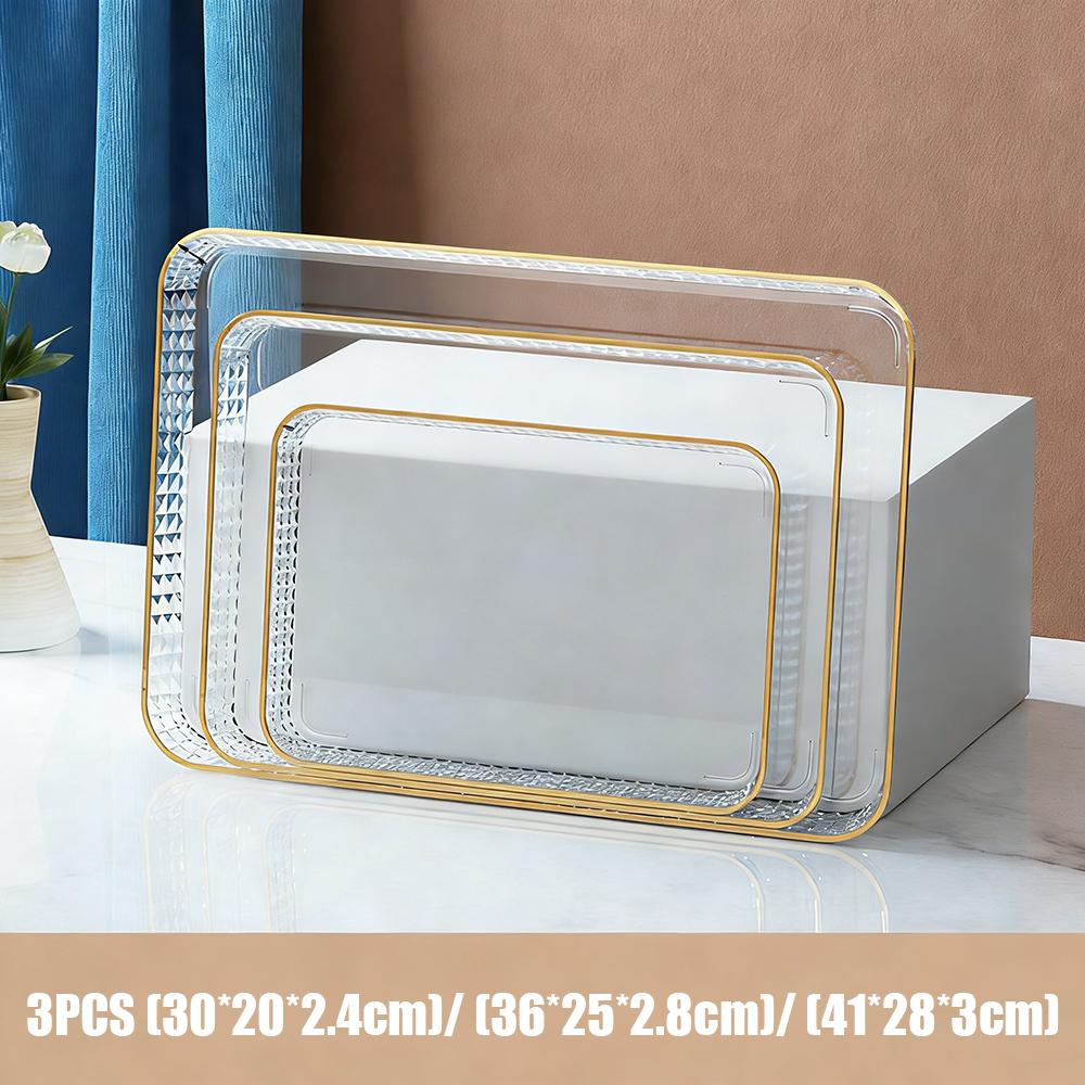 

3pcs Light Luxury Tray Set Transparent Tray Rectangular Dinner Plates Plastic Gold Edge Dessert Fruit Storage Tray Dinner Plates белый