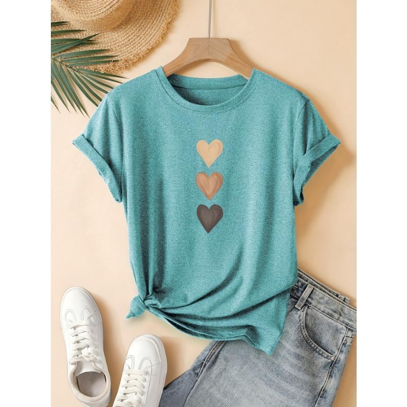 Three Heart-shaped Printed Fashionable Retro Style Women's Summer Casual Sports Style Top Round Neck Short Sleeved T-shirt Deep Space Gray