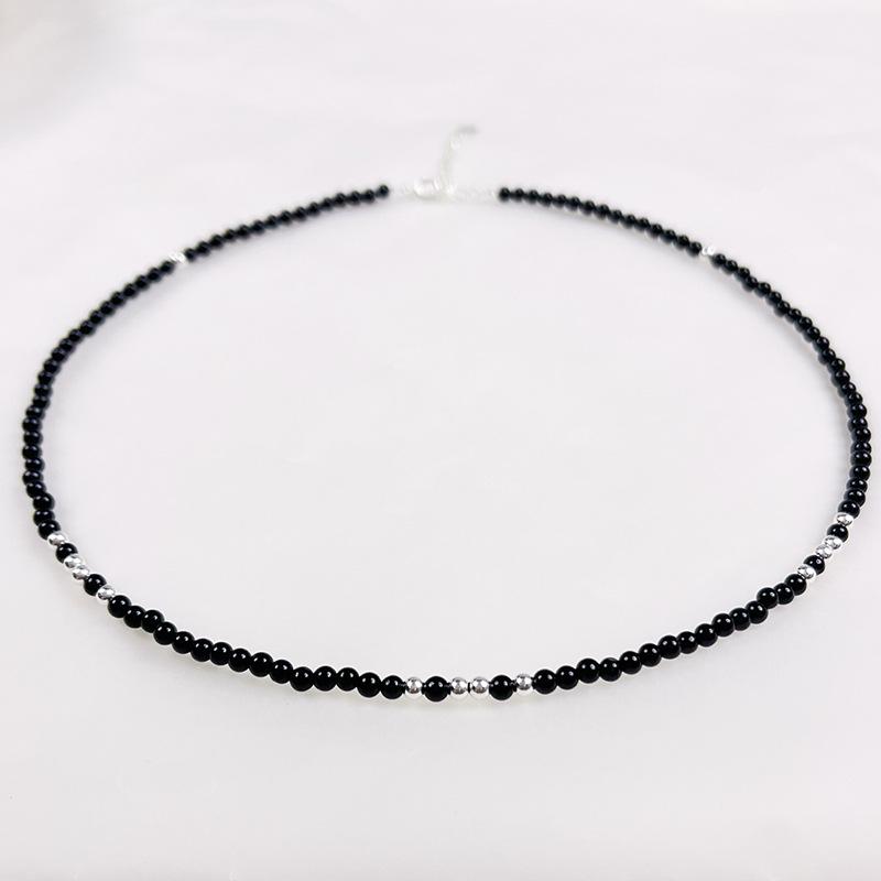 Náhrdelník z korálků z černého achátu ze sterlingového stříbra 925, korejský choker pro ženy