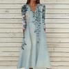 Women's Summer Casual V-Neck Button Vintage Floral Print Three-quarter Sleeve Long Dress With Pockets