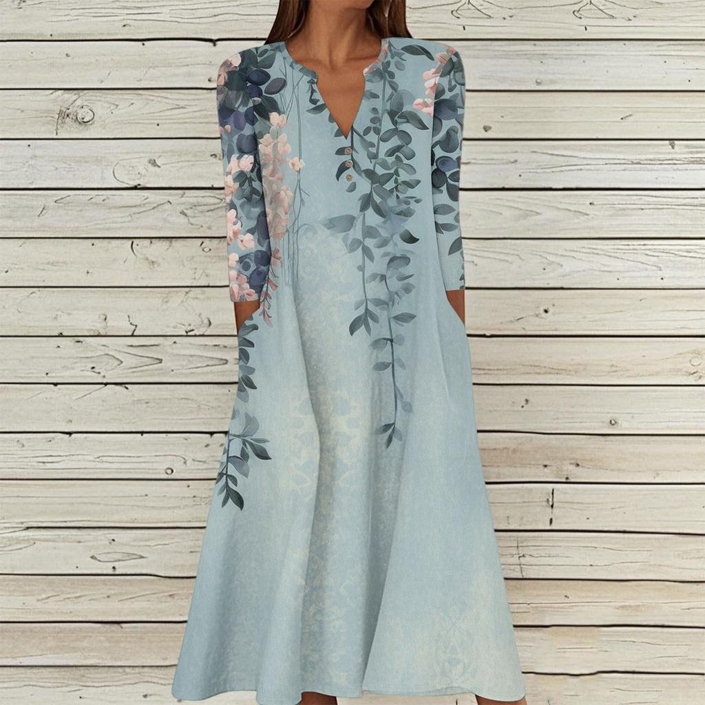 Women's Summer Casual V-Neck Button Vintage Floral Print Three-quarter Sleeve Long Dress With Pockets