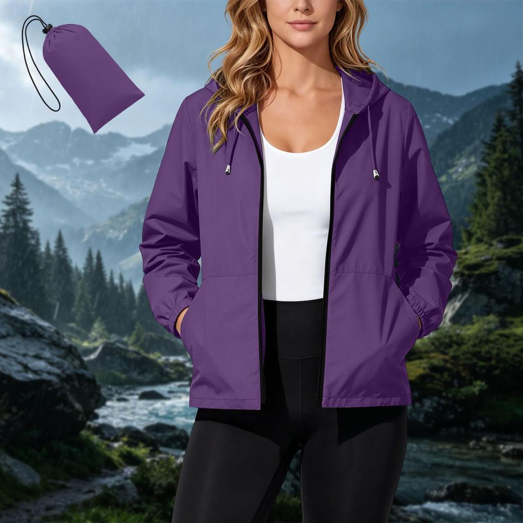 Women's Waterproof Windproof Hooded Jacket Lightweight Packable Outdoor Raincoat with Zipper Pockets and Adjustable Drawstring Hood