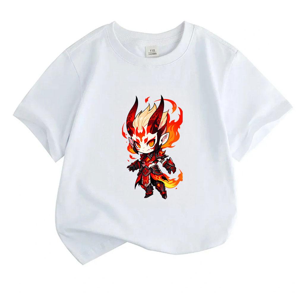 Kids Boys Girls Crew Neck Short Sleeve T-Shirt, 100% Cotton Casual Tees with Fiery Demon Cartoon Character Print, Soft Breathable Summer Daily Wear fo