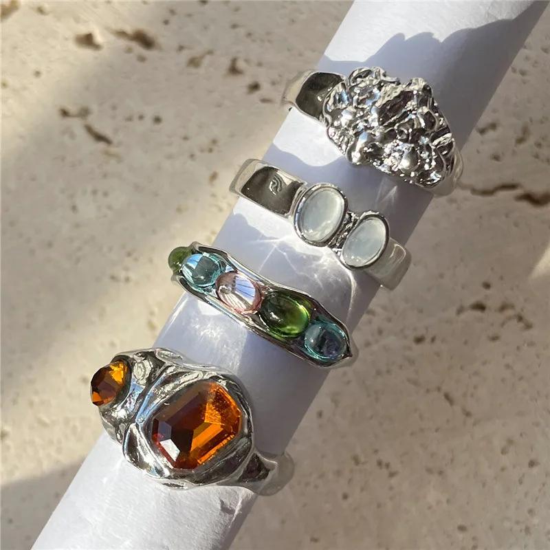 New Unique Design Liquid State Lava Flower Open Mouth Rings for Wonen Baroque Pearl Combination Ring Six-Piece Rings Set Jewelry