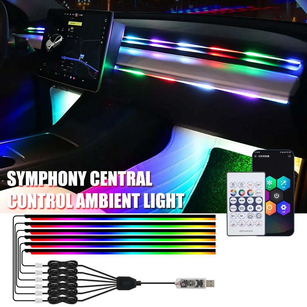 Car Ambient Lights 10 in 1 Footwell Universal RGB Atmosphere Lamps USB APP Remote Cigar Lighter for Tesla Model 3 Y S X