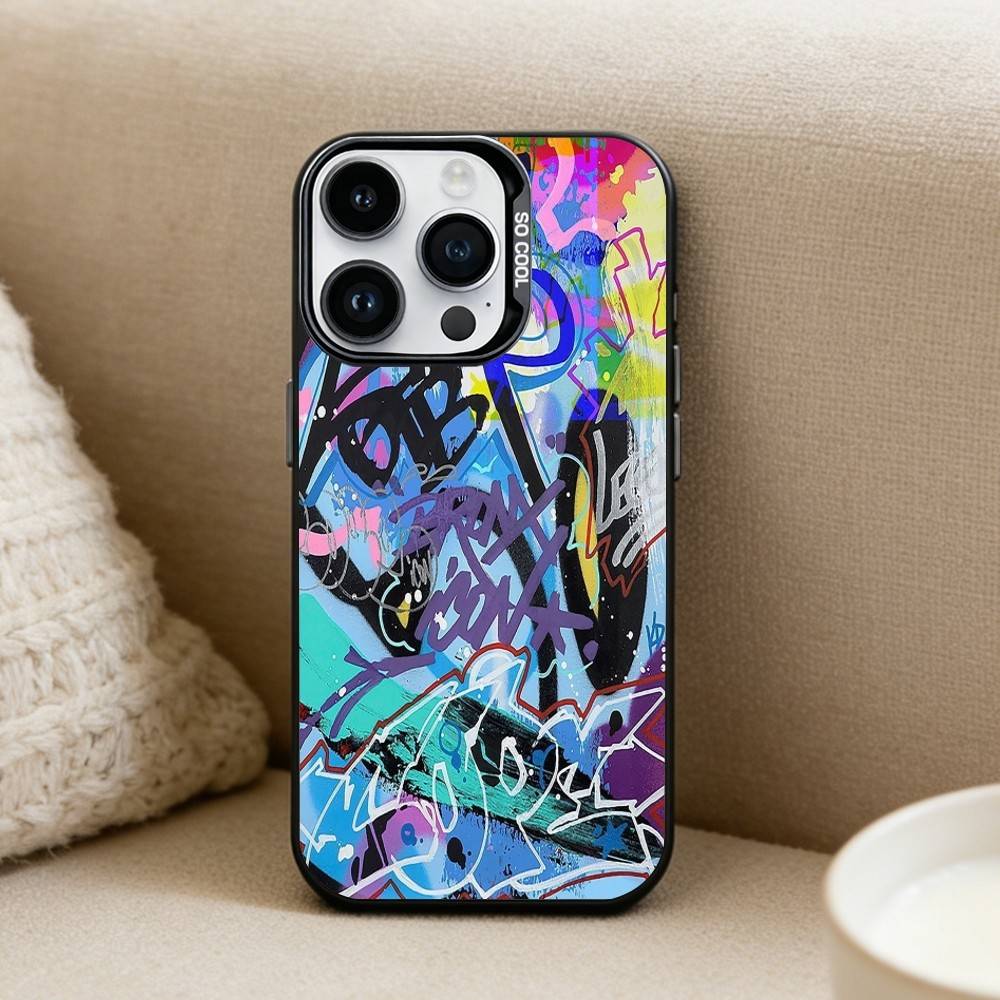 Cool Colorful Graffiti Phone Case For iPhone17, 16,15,14,13,12 Pro Max Black Candy Matte Shockproof Cover