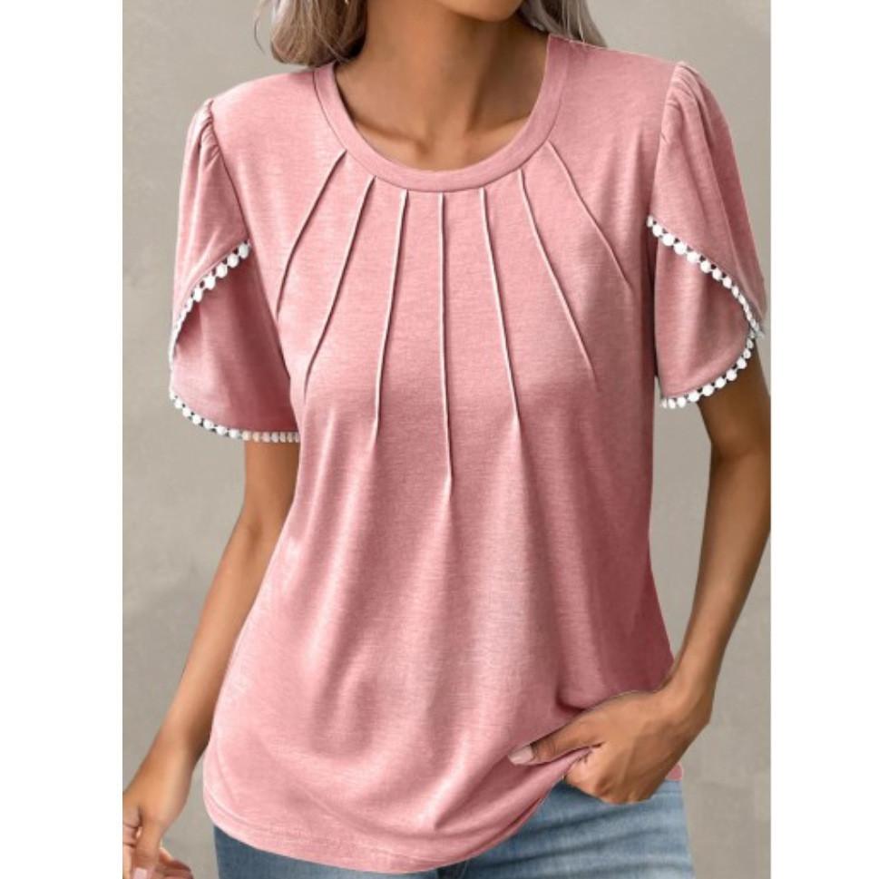 Polyester Casual T Shirt With Ruffle Sleeve And Round Neck For Summer Wear