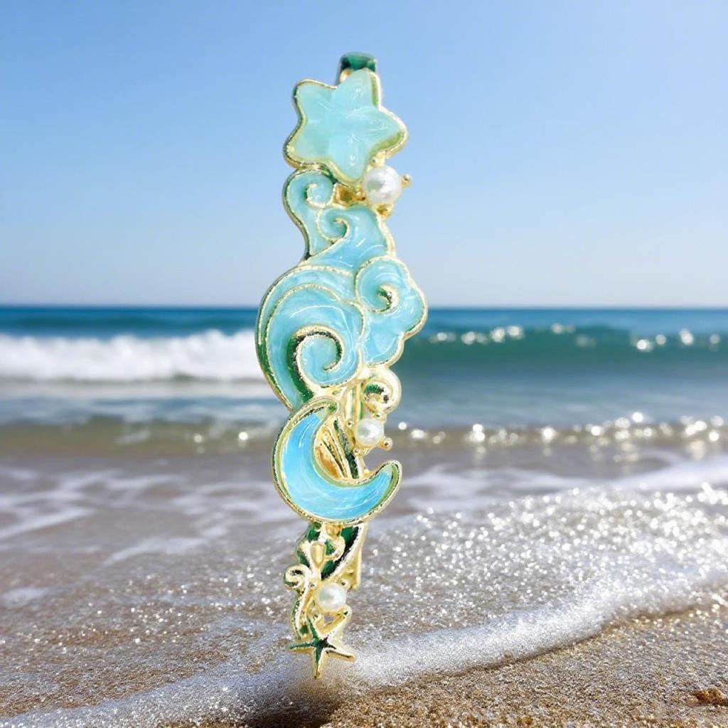 Dreamy Blue Fishtail Pearl Duckbill Clip for Fine Hair with Star Moon Design