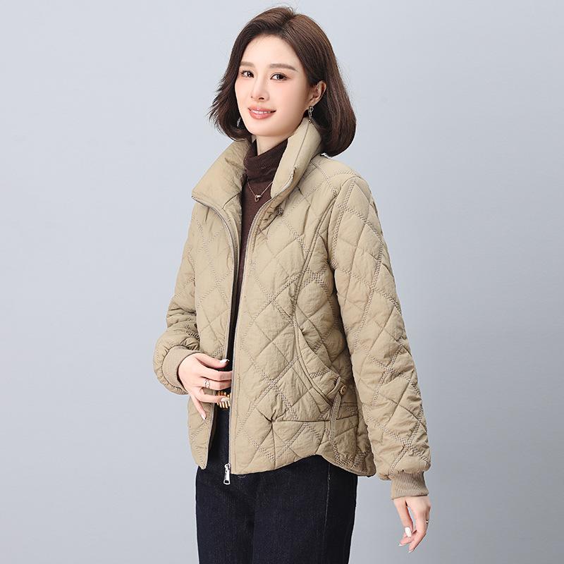 Dámská prošívaná teplá bunda s diamantovým prošíváním 2024: Volný střih, Nadměrná velikost, Stojáček