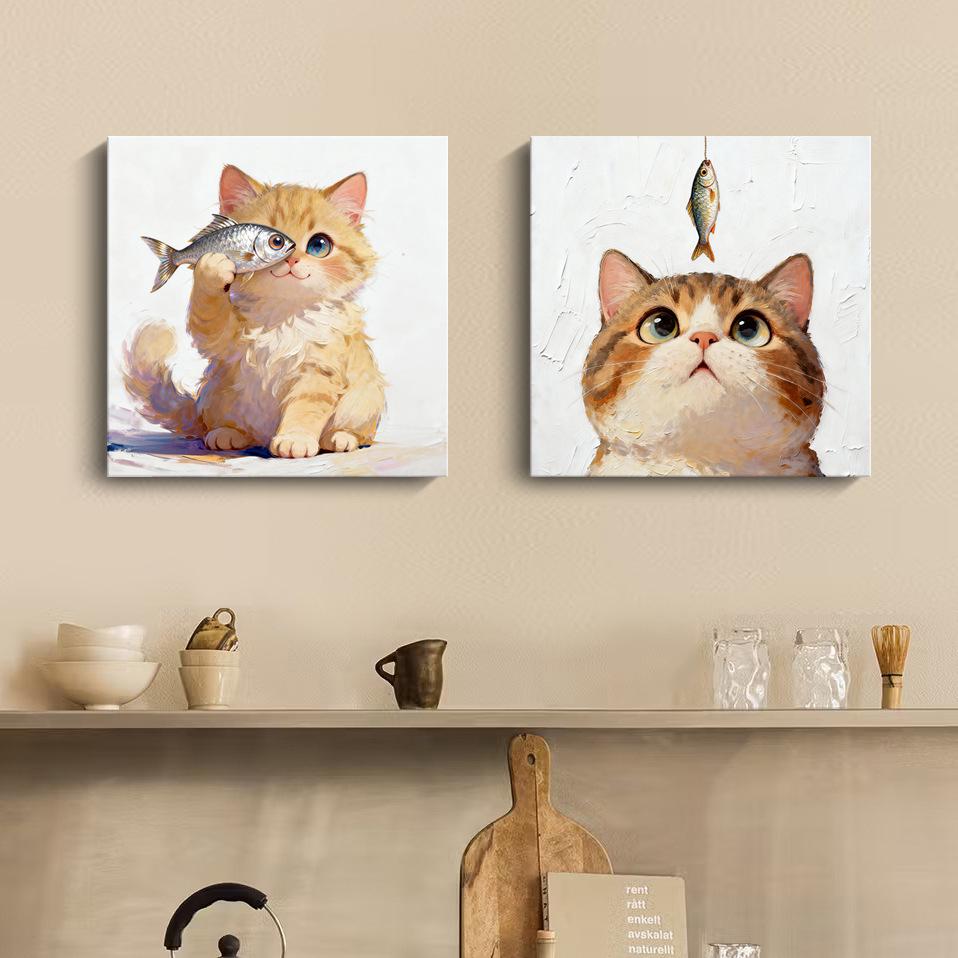 Modern Minimalist Kitten Cartoon Decorative Canvas for Living Room & Restaurant Wall Hanging