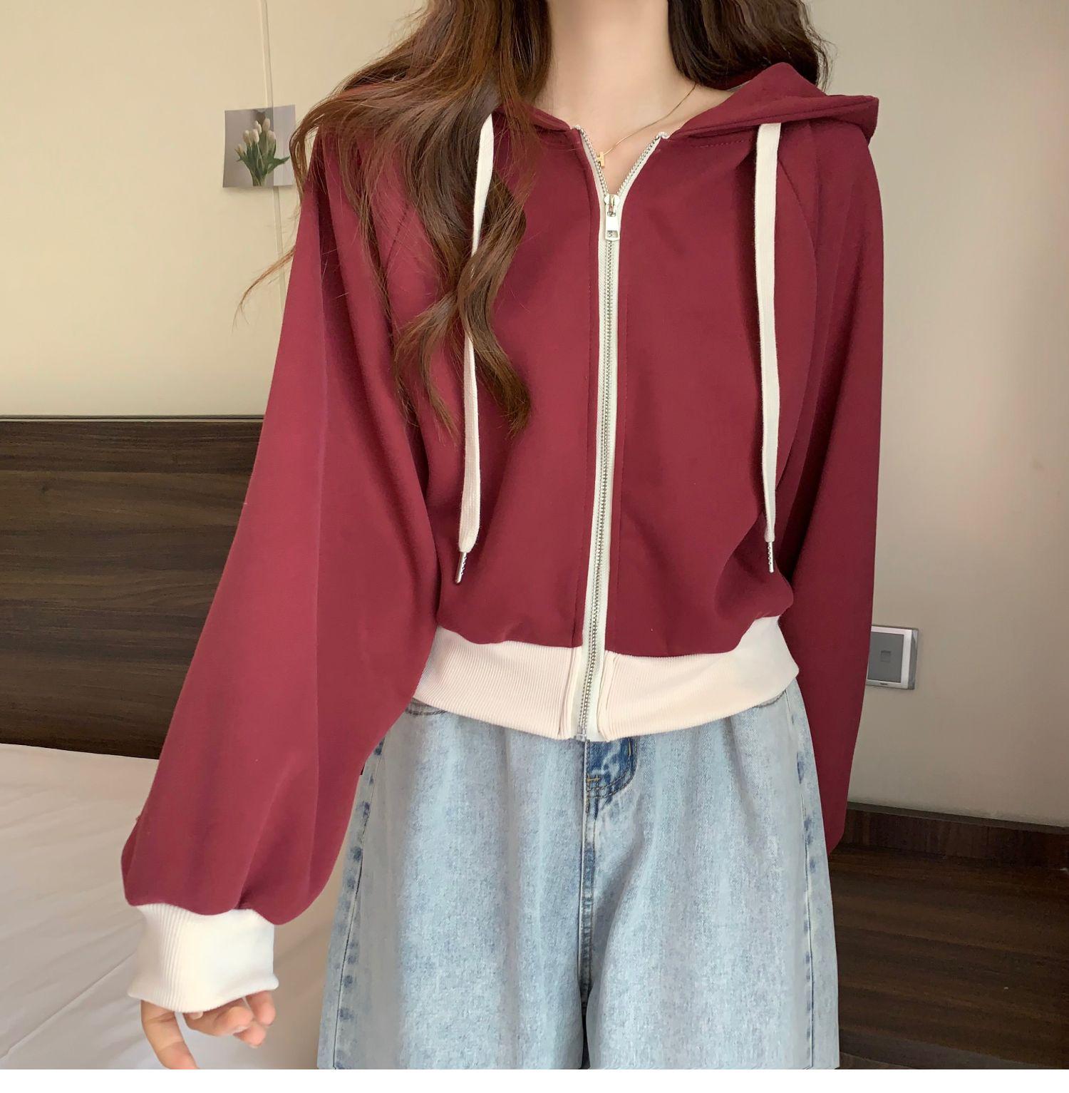 

Женская толстовка с капюшоном в стиле колор-блок - Маленький размер, Длинный рукав, Прямое плечо, Весенне-осенний стиль L (100-115 lbs) красный