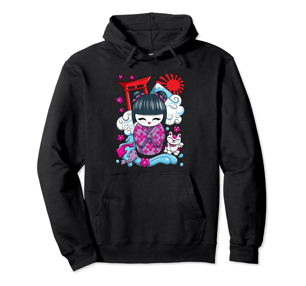 Cute Japanese Kawaii Kokeshi Doll Wave Lucky Cat Hoodie