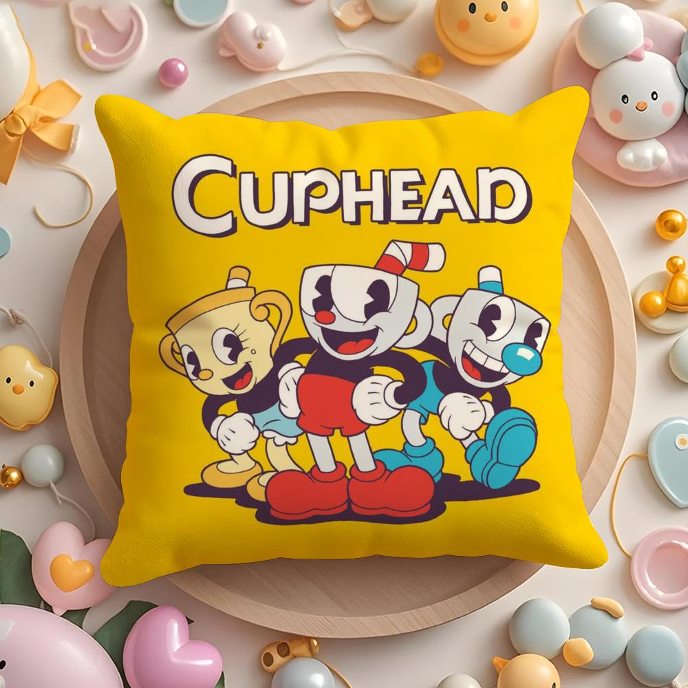 Classic Cute Game C-Cuphead Cushion Cover Plush Fabric Soft Double-Sided Printed Sofa Pillow Case Colorfast Home Decor Gift