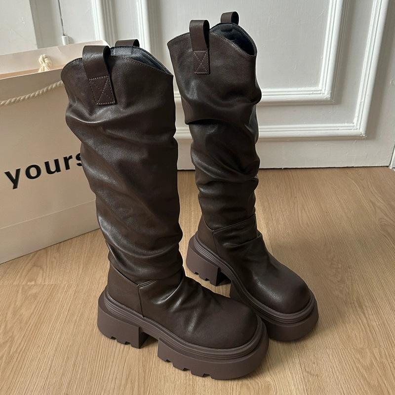 

Thick-soled knight boots women s spring new retro pleated medium tube stacking boots slim western boots 39