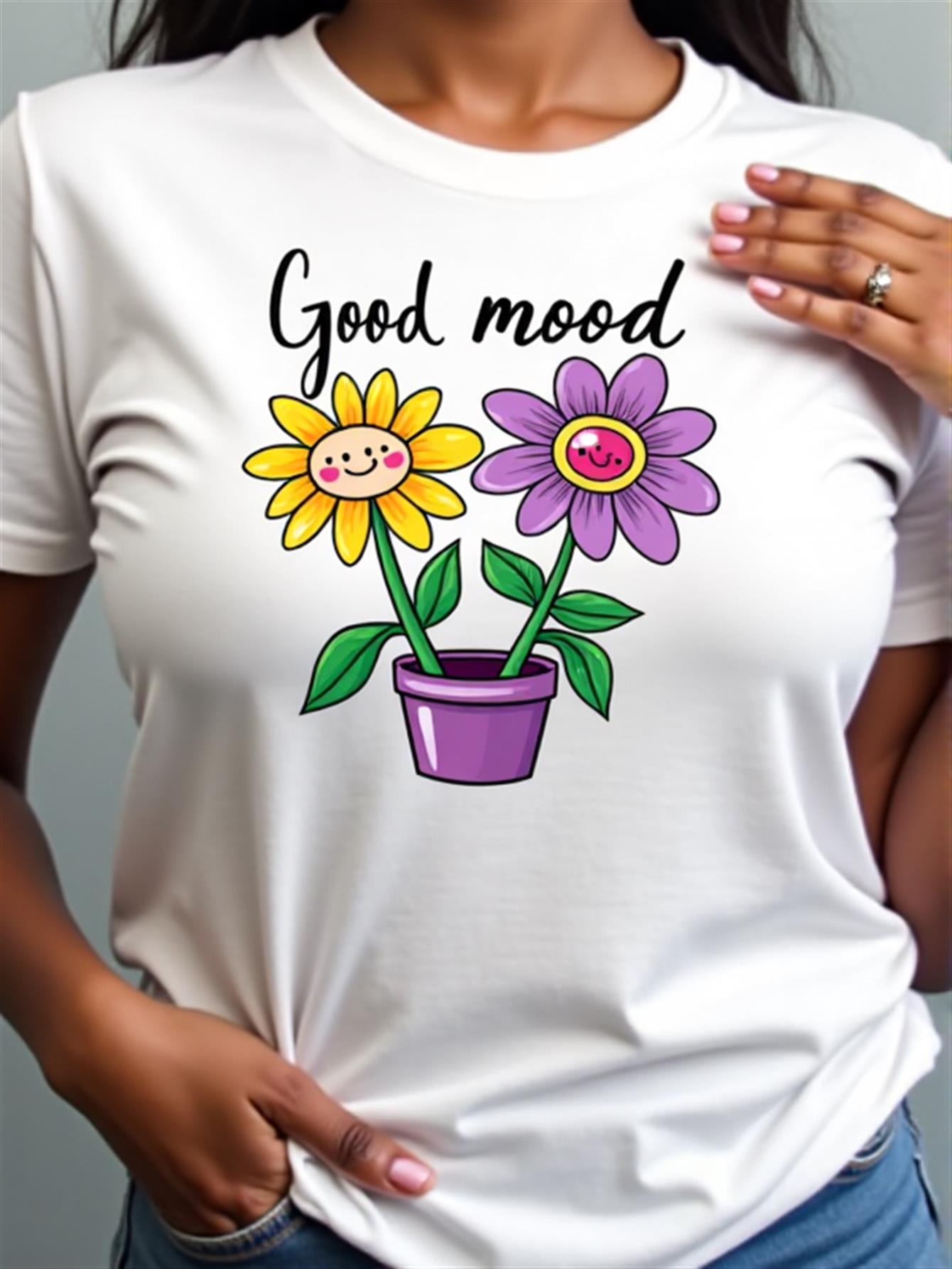 

Mother S Day Women S Round Neck Fashionable Casual T-Shirt Short Sleeved, Slight Stretch Fabric, Geometric-Pattern S белый