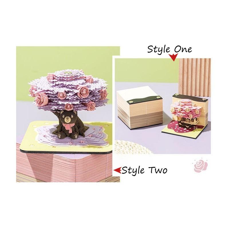 3D Paper Sculpture Rose Tree House Notepad - Handmade Tearable Memo Pad & Desk Art Gift for Birthday Home Decor