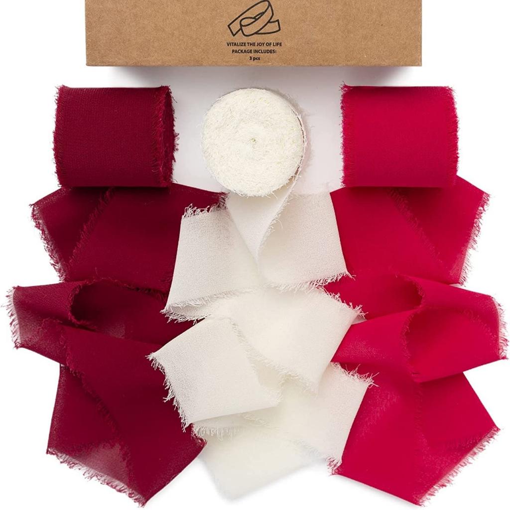 3 Roll/set 5m Frayed Edged Satin Handmade Chiffon Silk Ribbon For Wedding Invitation Bouquets Birthday Party DIY Decoration Gift