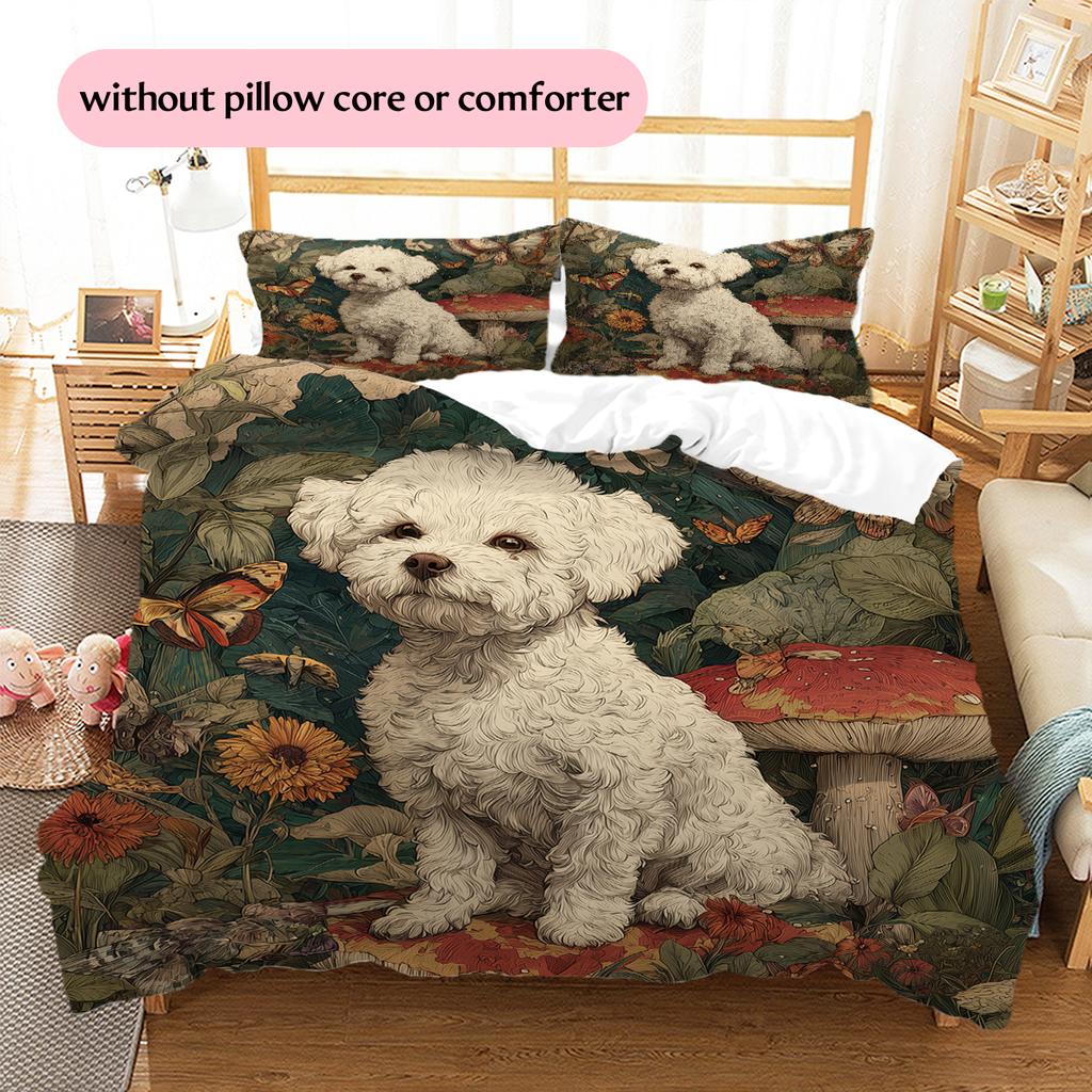 Bettwäsche mit Blätter- und Bichon-Muster, Heimdekoration, Geburtstagsgeschenk (1 Bettbezug + 2 Kissenbezüge, ohne Füllung)