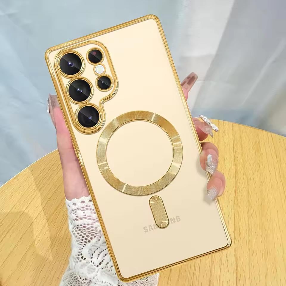 Mocne Magnetyczne Magsafe Przezroczyste Cienkie Etui Dla Samsunga Galaxy S25 S24 S23 S21 FE S22 Ultra Plus Luksusowe Platerowane Silikonowe Miękkie Etui