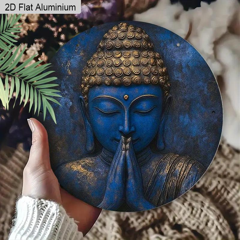 2D Flat Aluminum Vintage Blue Zen Buddha Putuo Round Metal Sign, Man Cave Wall Art Sign for Front Door, Zen Garden Accessories & Meditation Room