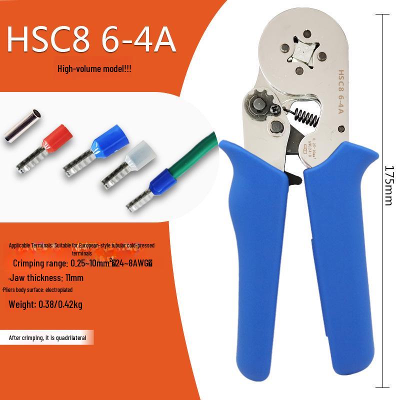 HSC8 6-4A Self-Adjusting Crimping Tool for VE Tube Terminals, 0.25-10mm Range, Quadrilateral Crimping.