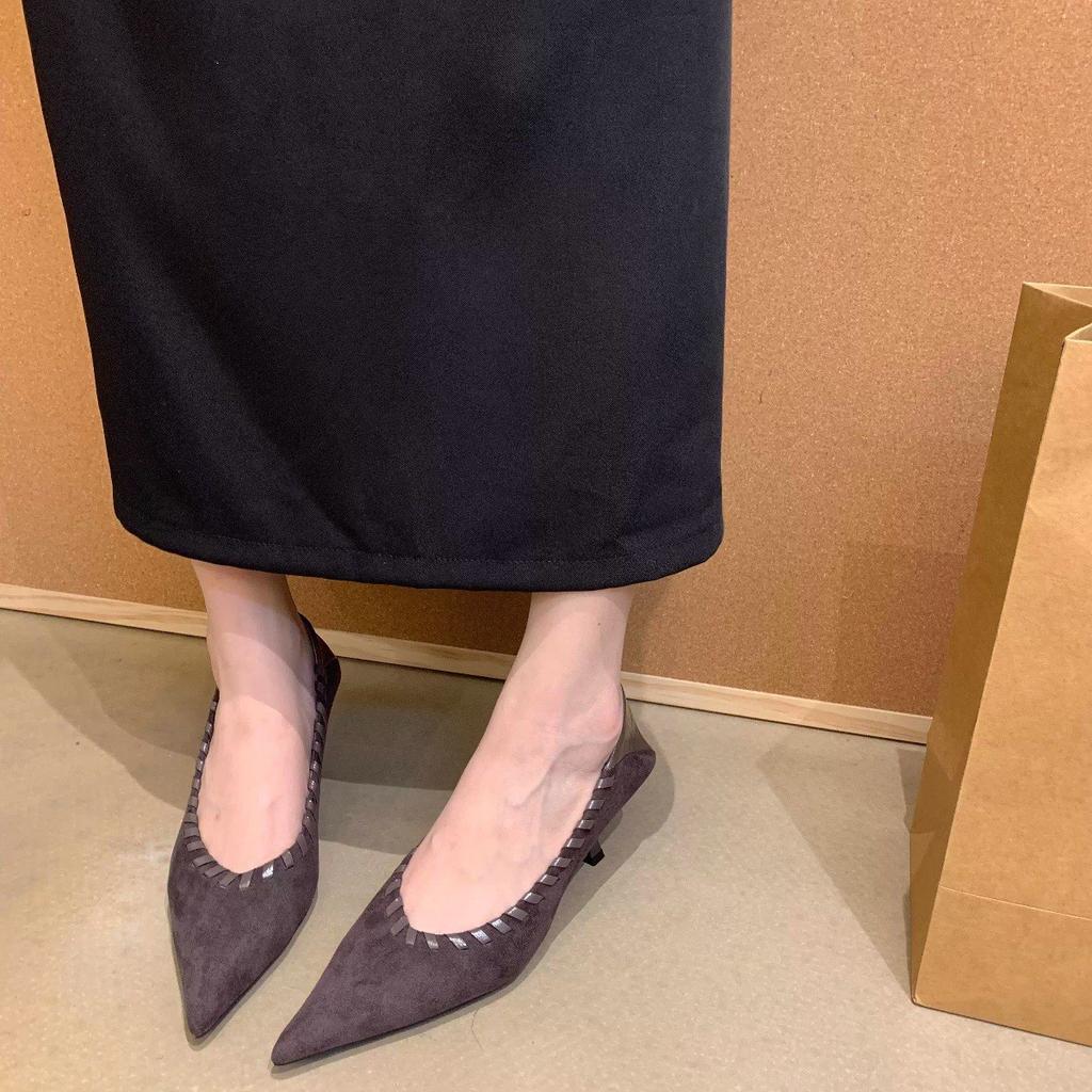 French Pointed Single Shoes Women's Light Mouth Black Matte Flip Fur Stiletto High Heels Medium Heel Commuter Work Shoes
