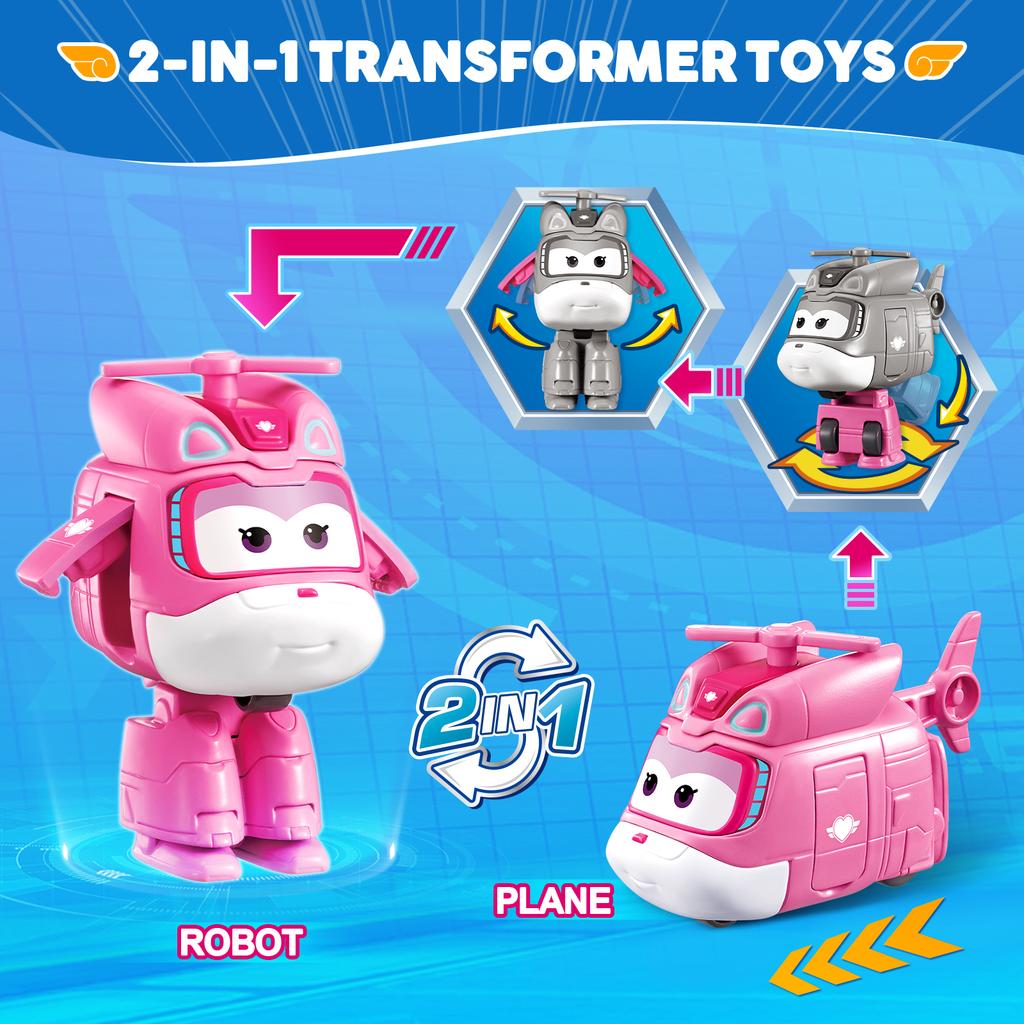 Super Wings Mini Dizzy Transform Roboter zu Flugzeug in 3 Schritten 5 cm Verformbare Actionfiguren 2 Modi Verwandlung Kinderspielzeug