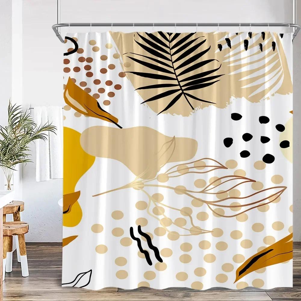 Vintage Abstract Shower Curtain Green Leaf Geometric Nordic Modern Bathtub Decorative Simple Polyester Shower Curtain with Hook