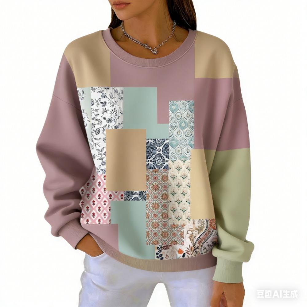 אופנת אביב שילוב צבעים חולצת טי לנשים קז'ואל הדפס וינטג' פולאובר לנשים בגדי שרוול ארוך קז'ואל בחוץ חולצות טי עליון