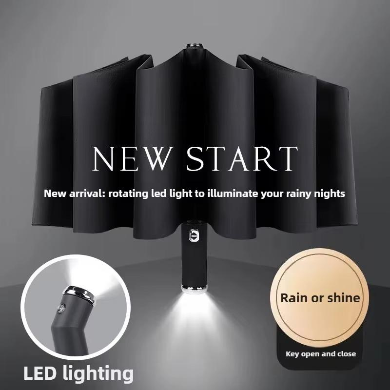 Guarda-chuva LED Rotativo de Lanterna Dupla Uso Sol Chuva com Estrutura de 10 Varetas Automático Proteção UV Compacto para Viagem Sombra